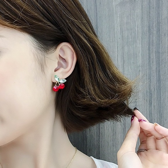 Crystal Red Cherry Earrings - Picture 5 of 7